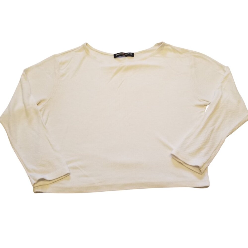 Brandy Melville White Crop 3/4 Sleeve Top Ribbed Relaxed Fit Small Shirt Crew